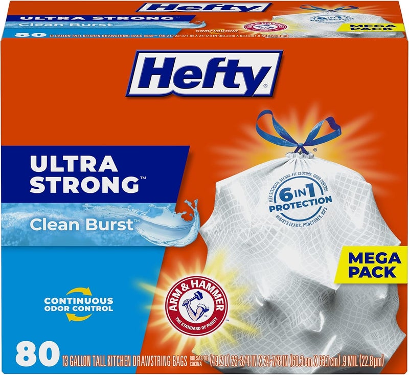 Hefty Ultra Strong 13 Gallon Trash Bags, Tall Kitchen Trash Bags 13 Gallon Size, Drawstring Closure, Continuous Odor Control, White, Clean Burst Scent, 80 Bags - Image 1